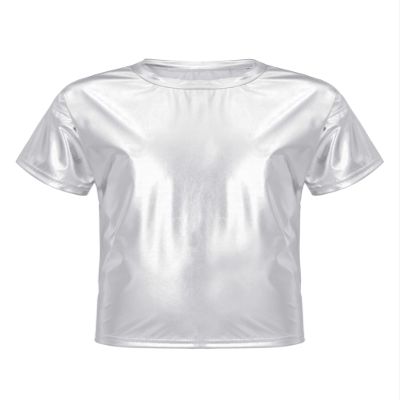 CHICTRY Kids Girls Boys Jazz Hip Hop Shiny Metallic Dance T-Shirt Music Festival Party Performance Sparkly Tops Silver 11-12 Years