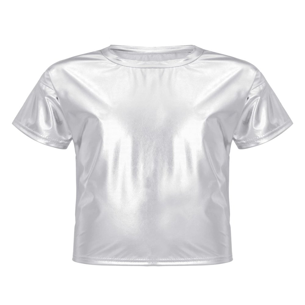 CHICTRY Kids Girls Boys Jazz Hip Hop Shiny Metallic Dance T-Shirt Music Festival Party Performance Sparkly Tops Silver 11-12 Years
