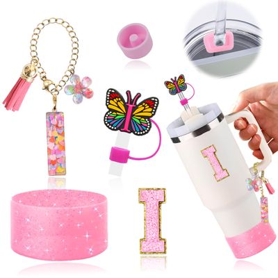 AiScrofa Stanley Cup Accessories Set of 6 PCS, Pink Glitter Letter Theme with Keychain, Butterfly Straw Topper, Silicone Boot, Patch & Cup Decor Kit,Water Bottle Carrier Set (Tumbler Not Included)