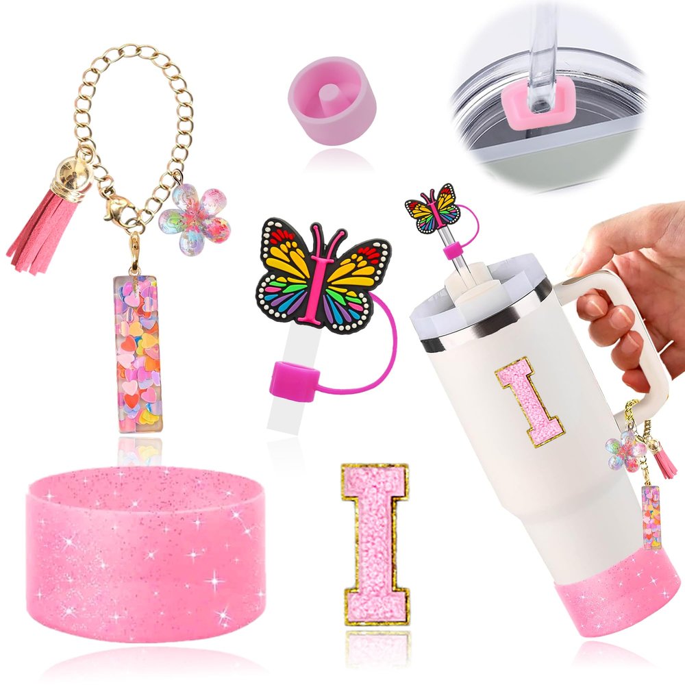 AiScrofa Stanley Cup Accessories Set of 6 PCS, Pink Glitter Letter Theme with Keychain, Butterfly Straw Topper, Silicone Boot, Patch & Cup Decor Kit,Water Bottle Carrier Set (Tumbler Not Included)
