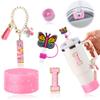 AiScrofa Stanley Cup Accessories Set of 6 PCS, Pink Glitter Letter Theme with Keychain, Butterfly Straw Topper, Silicone Boot, Patch & Cup Decor Kit,Water Bottle Carrier Set (Tumbler Not Included) view 1