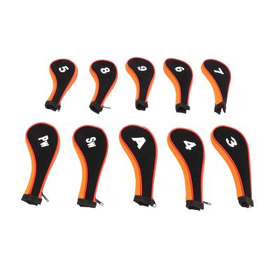 10pcs Golf Club Head Covers, Golf Club Irons Covers, Neoprene Zippered Golf Wedge Iron Covers with Large Number Tags & Long Neck Protective Mesh Golf Iron Head Covers for Men Women (Black Orange)
