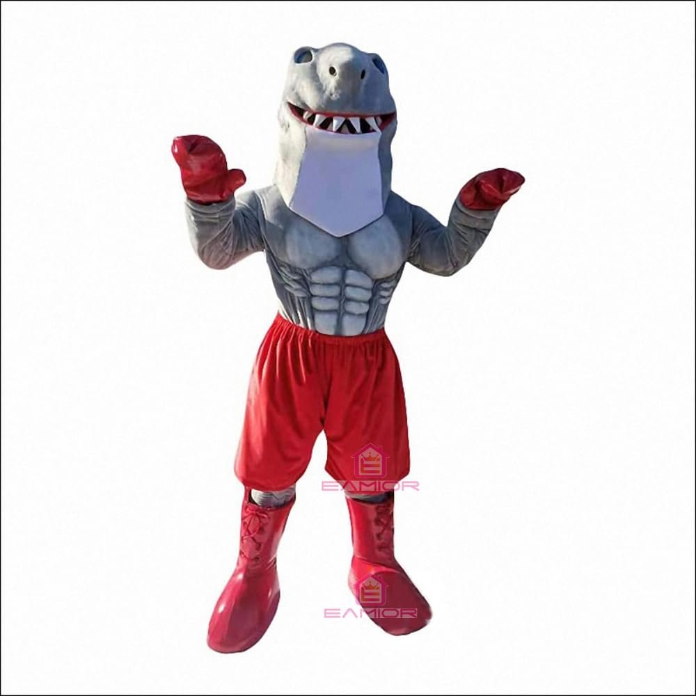 Grey Muscle Shark Mascot Costume in Red Shorts and Boots Adult Size for Men & Women with Built-in Fan Inside the Head