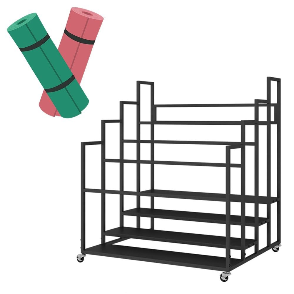 Yoga Mat Holder Basket, Large Yoga Mat Storage Cart with Wheels, Yoga Mat Rack Foam Rollers Organizer, Commercial Rack for Yoga Mat Foam Roller Storage for Gym/Yoga Studio Hold 30 Exercise Mats(Black,