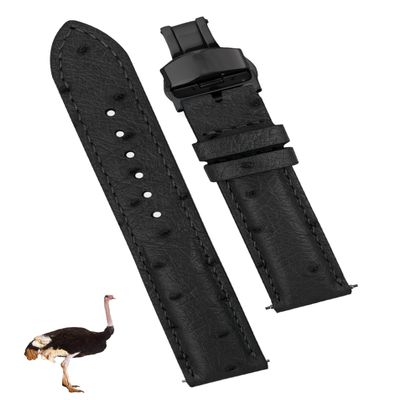 19mm Black Ostrich Leather Watch Band Deployment Clasp Quick Release Handmade Strap Butterfly Buckle Replacement Wristband for Men, Christmas Father's Day Gift for Dad Son Husband DH-181D-B-19MM