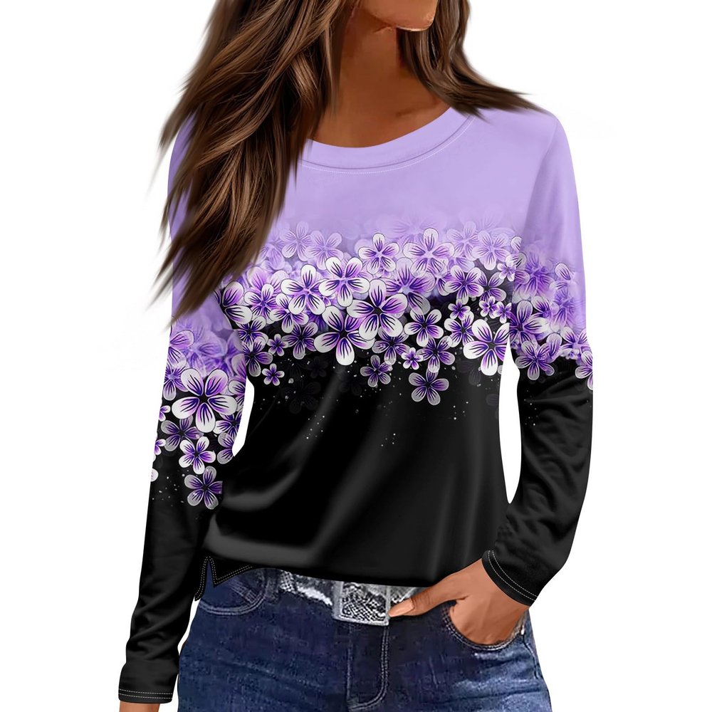 2024 Womens Shirts Thanksgiving Day Novelty Long Sleeve T-Shirts for Women Club Oversized Cotton Geometric Tunic Purple