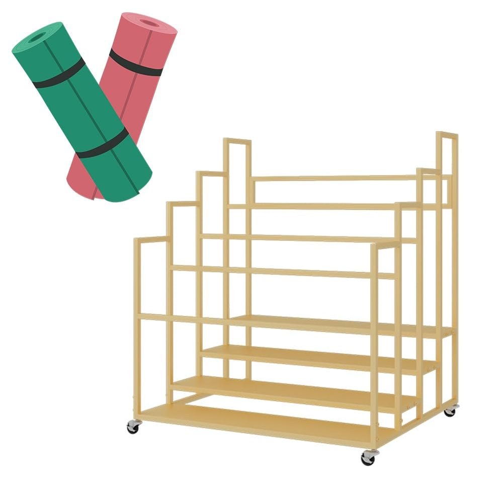 Yoga Mat Holder Basket, Large Yoga Mat Storage Cart with Wheels, Yoga Mat Rack Foam Rollers Organizer, Commercial Rack for Yoga Mat Foam Roller Storage for Gym/Yoga Studio Hold 30 Exercise Mats(Gold,4