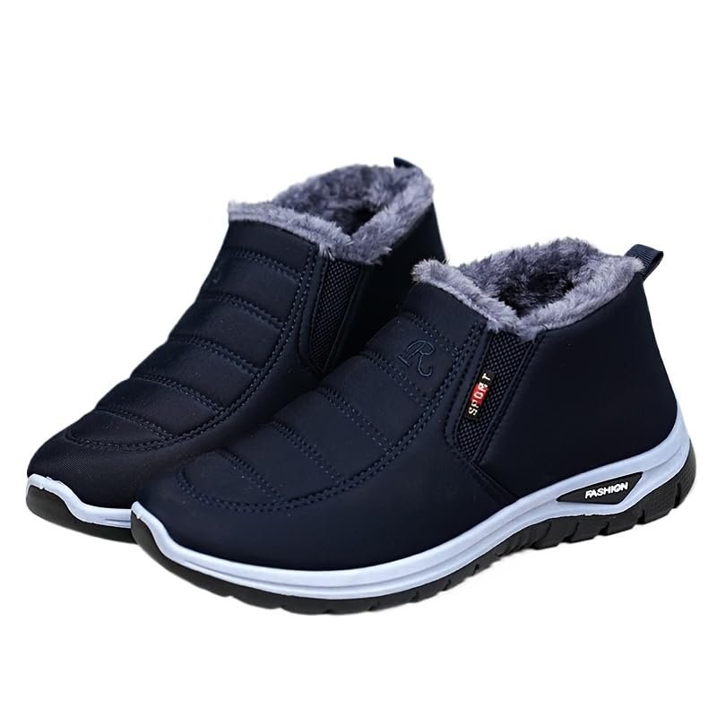 HHHCHPM Men's Winter Casual Slip-On Boots - Warm, Waterproof, and Snowproof with Furry Lining - Short Ankle Design (Blue,8)
