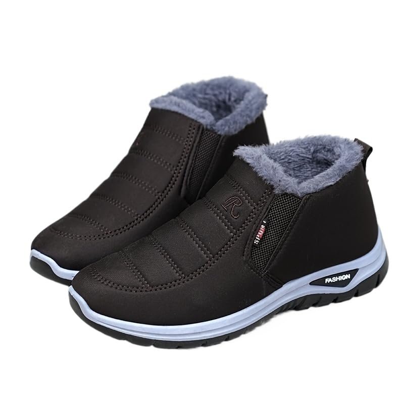 HHHCHPM Men's Winter Casual Slip-On Boots - Warm, Waterproof, and Snowproof with Furry Lining - Short Ankle Design (Brown,9.5)