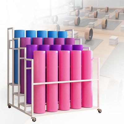 Yoga Mat Storage Rack, Home Gym Studio Organizer Large Yoga Mat Storage Cart for Foam Roller, Movable Sports Equipment Storage Rack with Wheels(White,4 Tier-39.4x33.5x41.3in)