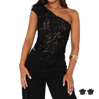 One Shoulder Top Women Lace Top Irregular Crop Tops See Through Sheer Tank Tops Going Out Shirts (US, Alpha, Small, Regular, Regular, Black)
