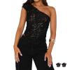 One Shoulder Top Women Lace Top Irregular Crop Tops See Through Sheer Tank Tops Going Out Shirts (US, Alpha, Small, Regular, Regular, Black) view 1