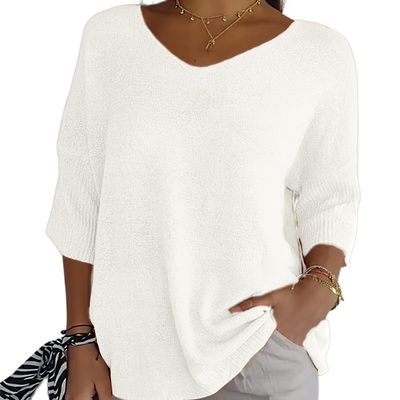Women's 3/4 Sleeve V Neck Knit Tops Shirts Casual Loose Lightweight Oversized Cashmere Pullover Sweater White