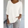 Women's 3/4 Sleeve V Neck Knit Tops Shirts Casual Loose Lightweight Oversized Cashmere Pullover Sweater White view 2