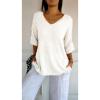 Women's 3/4 Sleeve V Neck Knit Tops Shirts Casual Loose Lightweight Oversized Cashmere Pullover Sweater White view 3