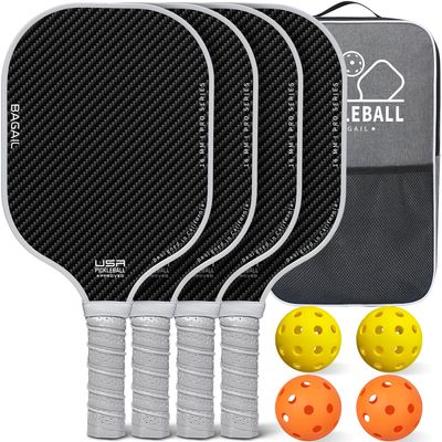 BAGAIL Pickleball Paddles, USAPA Approved Fiberglass Surface Pickleball Set, Lightweight Pickle Ball Rackets with 4 Balls, 1 Bag, Designed in California for Traction and Stability - 4 Pack, Gray