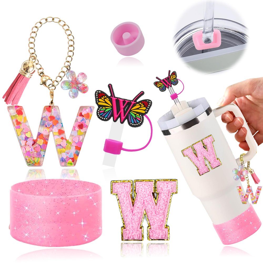 AiScrofa Stanley Cup Accessories Set of 6 PCS, Pink Glitter Letter Theme with Keychain, Butterfly Straw Topper, Silicone Boot, Patch & Cup Decor Kit,Water Bottle Carrier Set (Tumbler Not Included)