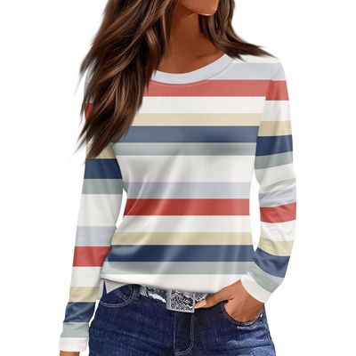 Women Tops Nice Long Sleeve Work Tshirts Ladies Raglan Winter Thin Striped Shirt Patchwork Scoop Neck Soft Pink S