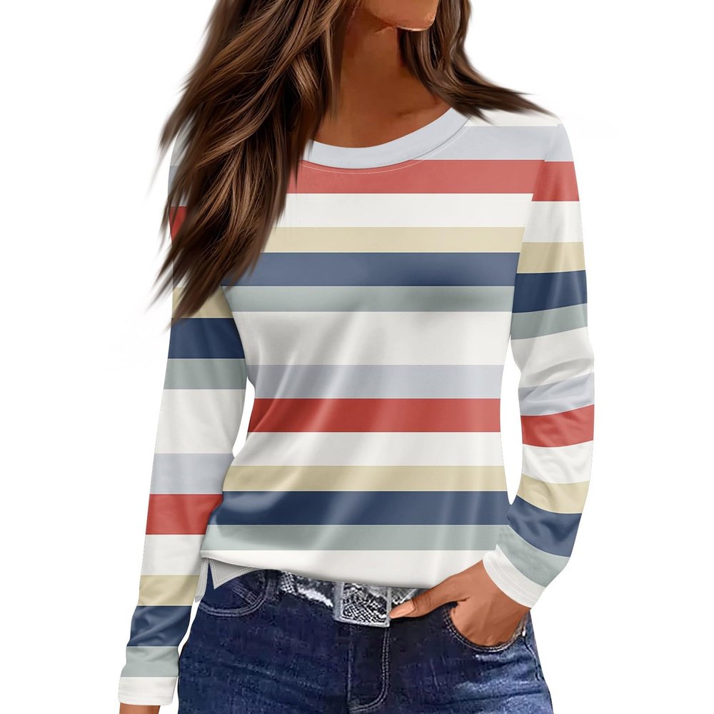 Women Tops Nice Long Sleeve Work Tshirts Ladies Raglan Winter Thin Striped Shirt Patchwork Scoop Neck Soft Pink S