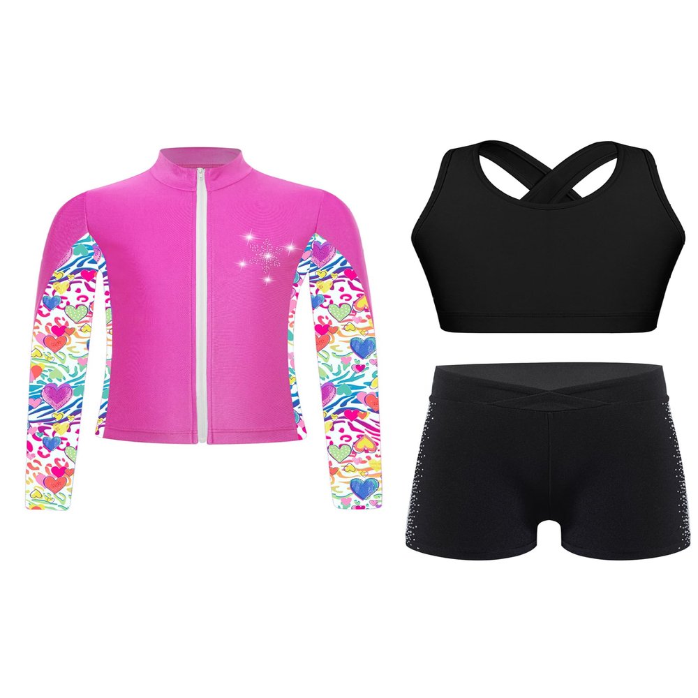 Lorilida Kids Girls Skating Gymnastics Outfits Cross Back Sleeveless Vest Shorts and Zipper Jacket Suit Black&Hot Pink 13-14 Years