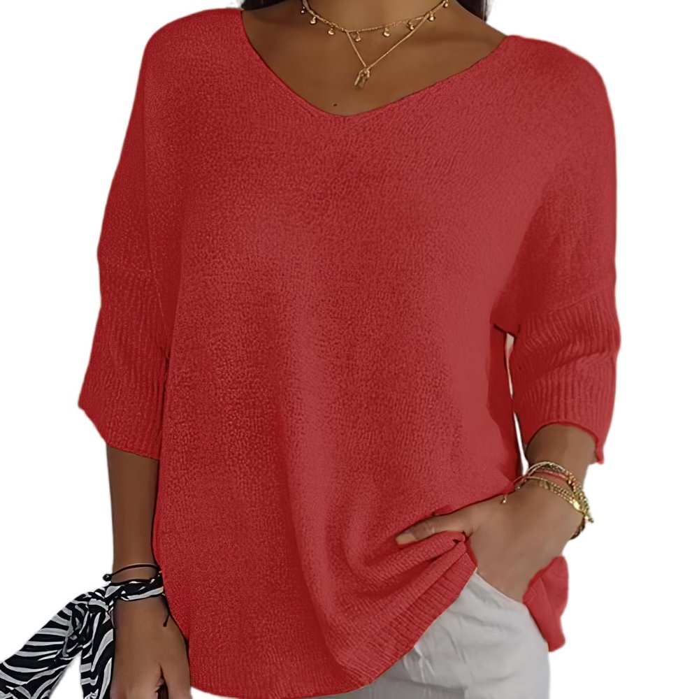 Women's 3/4 Sleeve V Neck Knit Tops Shirts Casual Loose Lightweight Oversized Cashmere Pullover Sweater Red