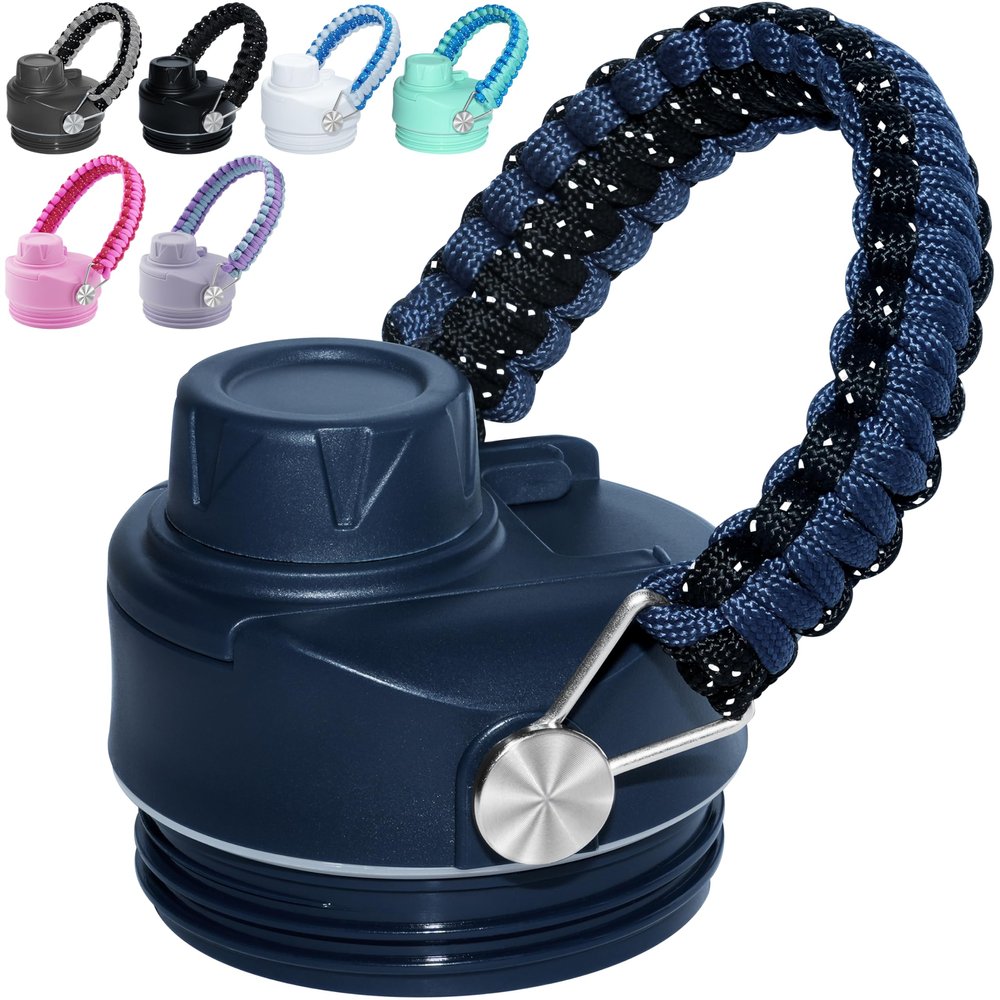 Stronger Chug Cap for YETI Rambler - 12 18 26 36 64 oz Bottle, Handmade Paracord Handle Spout Top for YETI Rambler Lid Replacement, Detachable Gasket & Handle(Reversible) - Navy