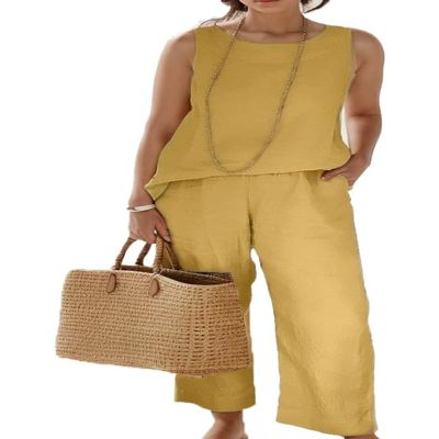 Women's Sleeveless Summer Autumn 2 Piece Outfits Linen Crop Top and Wide Leg Pants Set Yellow