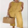 Women's Sleeveless Summer Autumn 2 Piece Outfits Linen Crop Top and Wide Leg Pants Set Yellow view 2