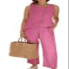 Women's Sleeveless Summer Autumn 2 Piece Outfits Linen Crop Top and Wide Leg Pants Set Yellow view 4