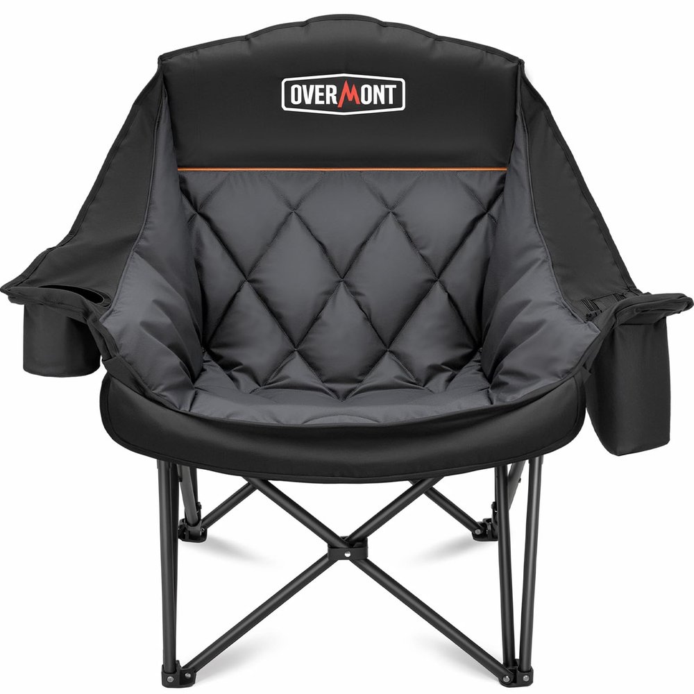 Overmont Oversized XL Camping Chair for Adults - 450lbs Support Heavy-Duty Padded Folding Chair with Side Pocket Cup Holder Cooling Bag for Outdoor Sports Garden Beach Fishing Lawn Black