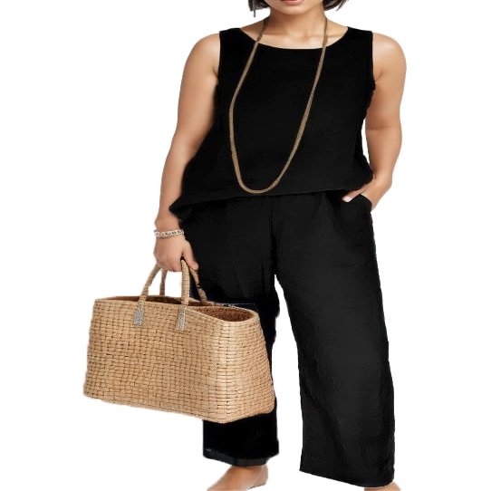 Women's Sleeveless Summer Autumn 2 Piece Outfits Linen Crop Top and Wide Leg Pants Set Black