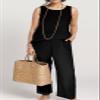 Women's Sleeveless Summer Autumn 2 Piece Outfits Linen Crop Top and Wide Leg Pants Set Black view 2