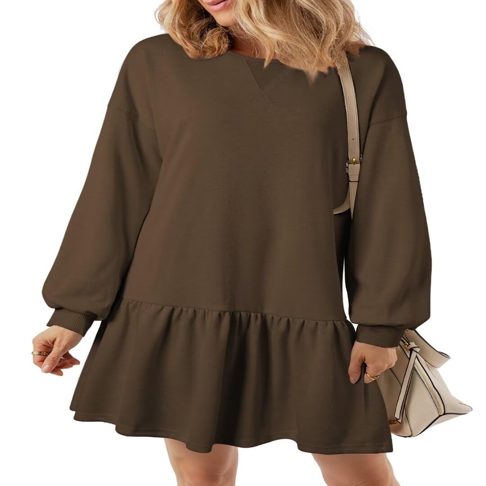 BLENCOT Long Sleeve Pullover Sweatshirt Dress for Women 2025 Fall Winter Casual Patchwork Loose Crewneck Rib Knit Mini Dresses Sport Workout Dark Brown X-Large