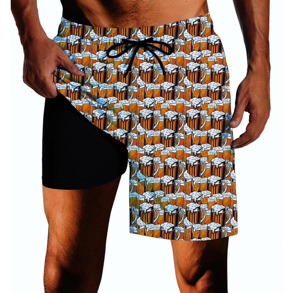 Fodyle Men's Swim Trunks Quick Beer Dry 2 in 1 Beach Shorts Surf Swim Shorts with Compression Lining Large