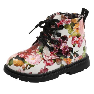 Cute Children Boots Floral Print Girl Lace Up Boots Waterproof Ankle Boots Side Zipper Booties(Toddler/Little Kids) (A, 8 Toddler)