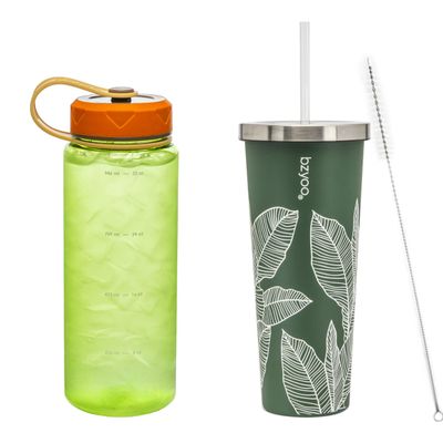 bzyoo HydroPop 36oz Water Bottle w/Strap&bzyoo SUP Double Wall Vacuum Insulated Tumbler with Straw and Lid Stainless Steel Water Bottle Travel Mug Cup