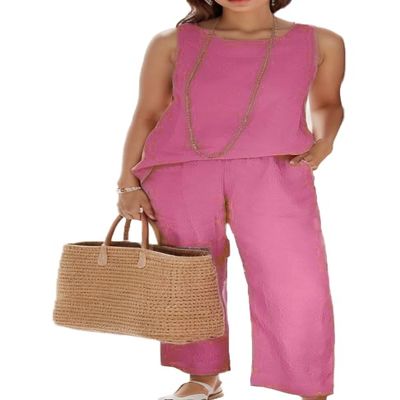 Women's Sleeveless Summer Autumn 2 Piece Outfits Linen Crop Top and Wide Leg Pants Set Pink