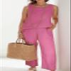Women's Sleeveless Summer Autumn 2 Piece Outfits Linen Crop Top and Wide Leg Pants Set Pink view 2