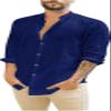 Mens Long Sleeve Cotton Linen Shirts Casual Roll-Up Sleeve Beach Shirts Loose Buttons Down Solid Plain Shirt (Medium,Blue) view 2