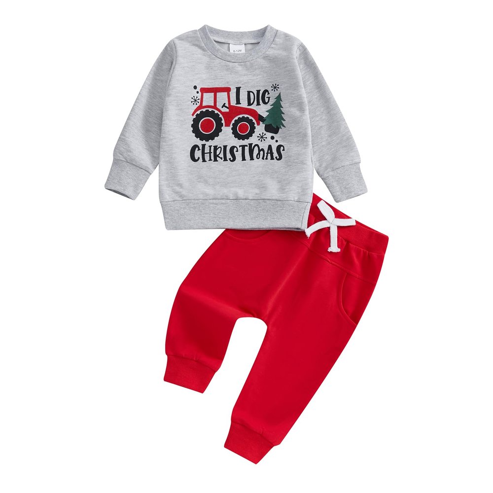 Frietlebird Toddler Boy Christmas Outfit Tractor Tree Print Crewneck Sweatshirt with Pants Cute Toddler Boy Fall Outfits Winter Clothes (S-Gray Red,2-3T)