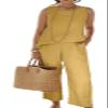 Women's Sleeveless Summer Autumn 2 Piece Outfits Linen Crop Top and Wide Leg Pants Set Pink view 3
