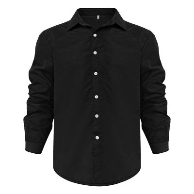 Mens Long Sleeve Cotton Linen Shirts Casual Roll-Up Sleeve Beach Shirts Loose Buttons Down Solid Plain Shirt (Large,Black)