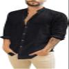 Mens Long Sleeve Cotton Linen Shirts Casual Roll-Up Sleeve Beach Shirts Loose Buttons Down Solid Plain Shirt (Large,Black) view 2