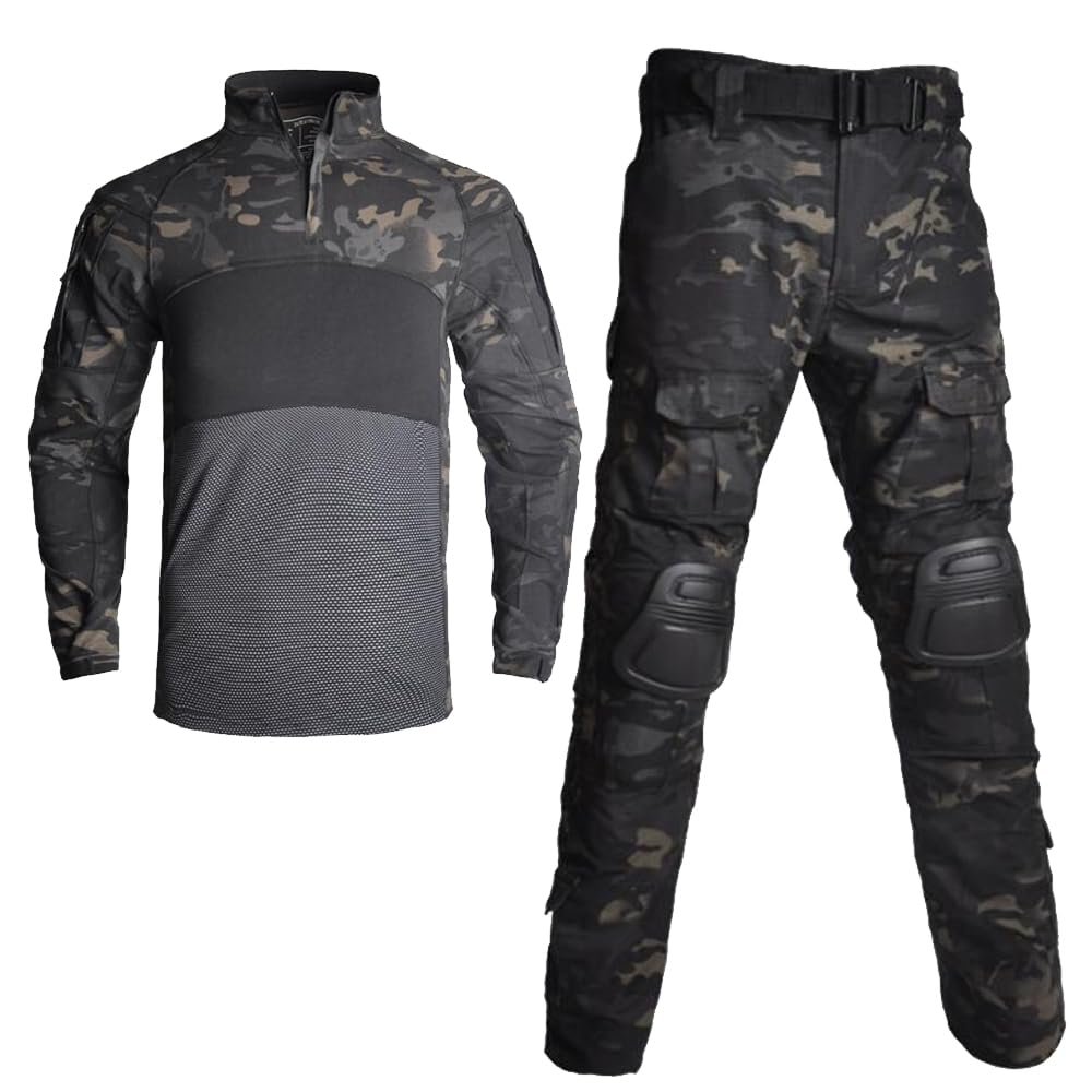 TOMITANY Men's Tactical Military Suits Long Sleeve Fitting Army Uniforms Combat Shirt and Pants with Knee Pads Black CP XXXXL