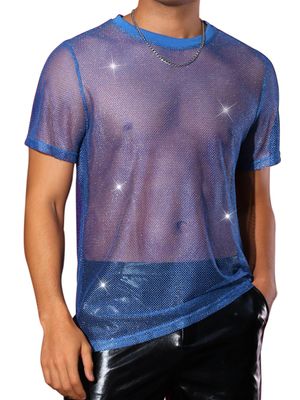 Lars Amadeus Mesh Sheer Shirts for Men's Shiny Tops Short Sleeve Disco Outfit See Through T-Shirt XX-Large Blue