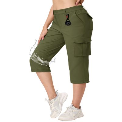 TACVASEN Hiking Capri Pants for Women Lightweight Cargo Capris Water Resistant Elastic Waist Workout Army Green S