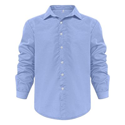 Mens Long Sleeve Cotton Linen Shirts Casual Roll-Up Sleeve Beach Shirts Loose Buttons Down Solid Plain Shirt (Large,Light Blue)