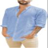 Mens Long Sleeve Cotton Linen Shirts Casual Roll-Up Sleeve Beach Shirts Loose Buttons Down Solid Plain Shirt (Large,Light Blue) view 2