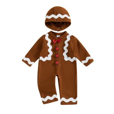 Adobabirl Baby Gingerbread Costume - Boy/Girl Christmas Outfit - Romper Jumpsuit with Hat - Cute Cosplay (Gingerbread Man - Khaki, 18-24 Months)