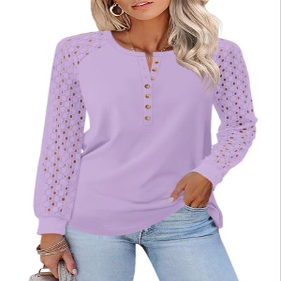 TICTICMISS Women's Lace Long Sleeve Shirts Henley Crewneck Tops Business Casual Fall Blouses Purple